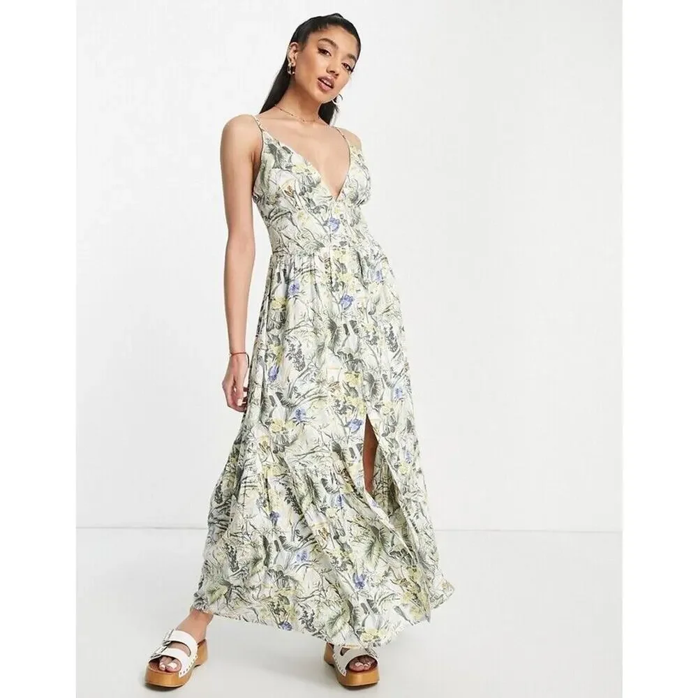 ABERCROMBIE & FITCH Plunge Maxi Dress in Multicolor Tropical Print NWT